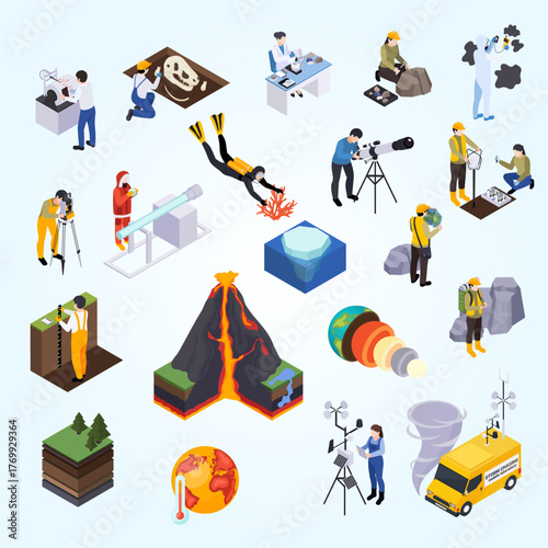 Isometric Illustration of Various Geological and Meteorological Scientific Research