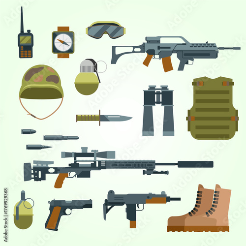 Flat Design Military Equipment and Weaponry Set Illustration for Army