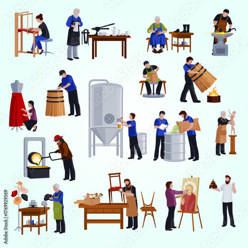 Flat Style Diverse Artisan Workshop Character and Equipment Illustration Set