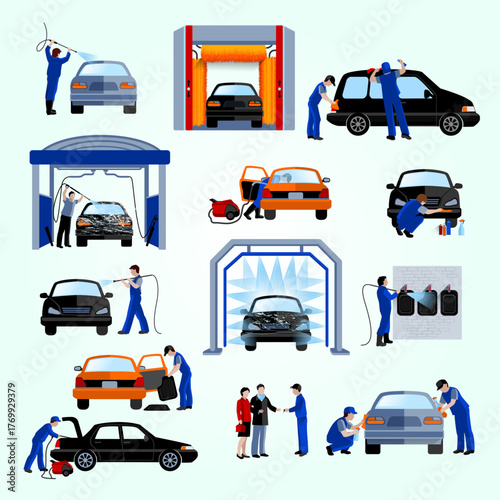 Flat Illustration Showing Different Methods and Stages of Car Wash Service