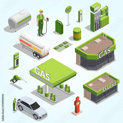 Isometric Detailed Gas Station Illustration with Car and Worker Scene