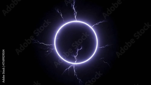 Electric ring portal with lightning strikes on black background