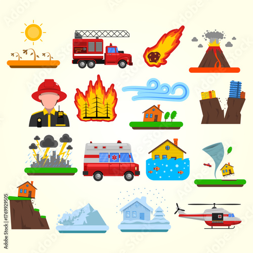 Flat Illustration Showing Natural Disaster and Emergency Services Element Set