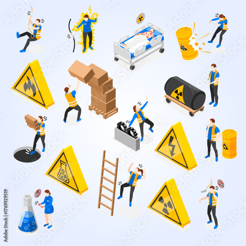 Isometric Illustration of Workplace Accidents and Hazard Safety Prevention Measures