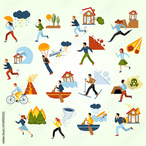 Illustrated Flat Design Natural Disaster Emergency Events and Safety Measures Icon Set