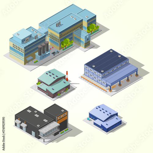 Isometric Detailed Factory Building Collection Industrial Architecture Element Design