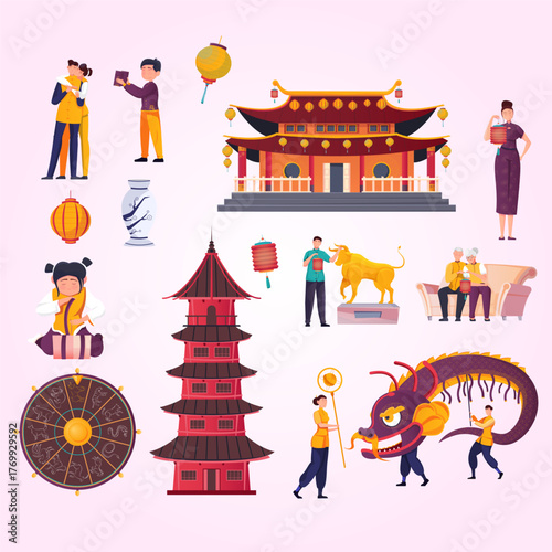 Flat Illustrated Chinese New Year Celebration Elements and Traditional Landmarks