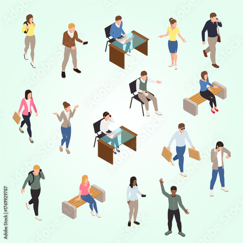 Isometric Diverse People Illustration with Various Activities and Postures in Public Space