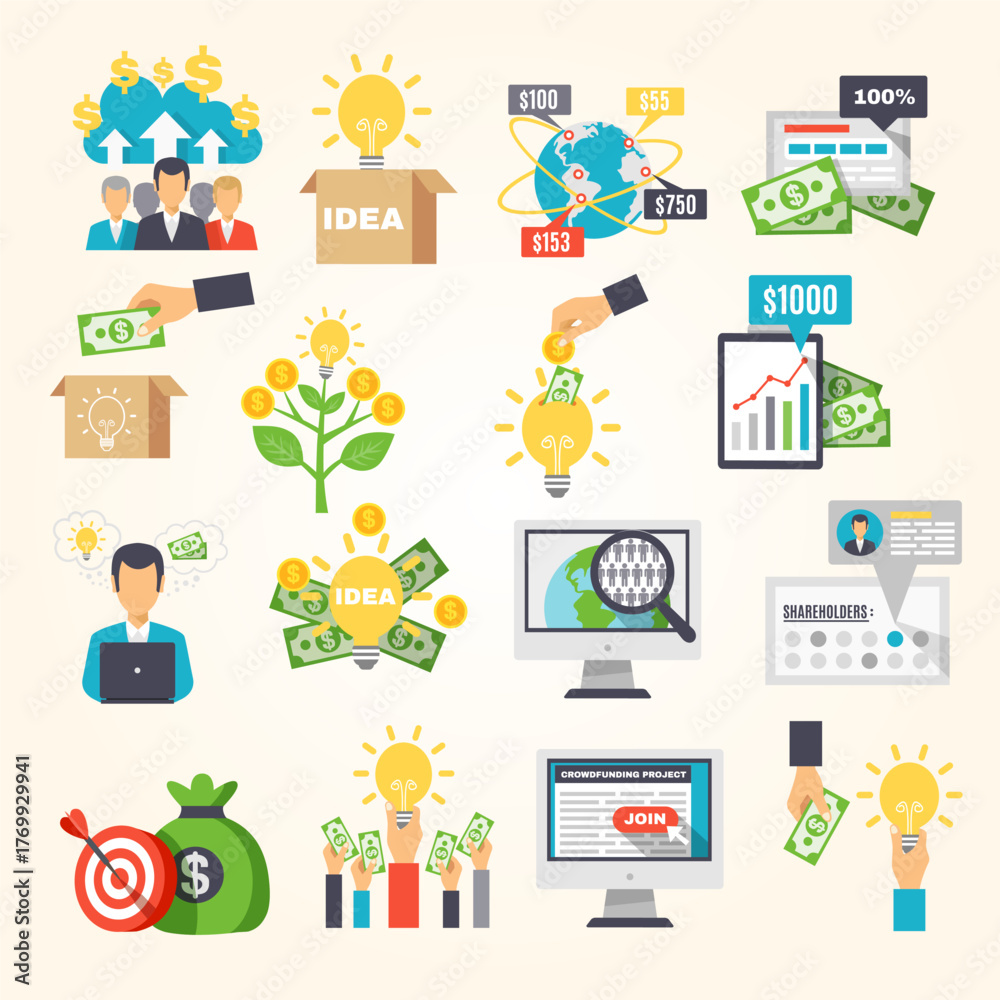 Obraz premium Flat Illustration of Crowdfunding Ideas and Investment Concept with Dollar Symbol