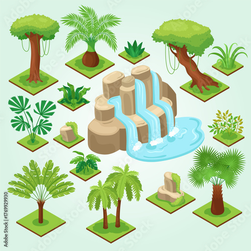 Isometric Cartoon Jungle Landscape Nature Element Set Isolated on Background