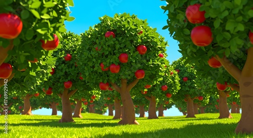 Cartoon Apple Orchard with Red Apples and Green Grass