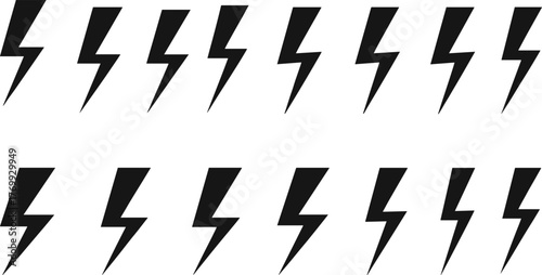 Black lightning bolt icons, vector electricity symbols, energy power design, graphic thunder shapes, abstract electric strike illustration, bold storm elements