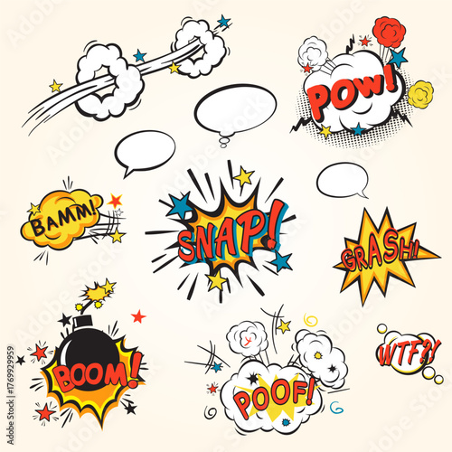 Colorful Cartoon Comic Style Sound Effects and Bubbles Illustration