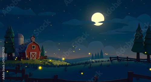 Cartoon Farm Landscape at Night with Barn and Fireflies