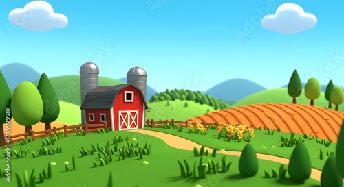 Cartoon Farm Landscape with Barn, Silos, and Fields