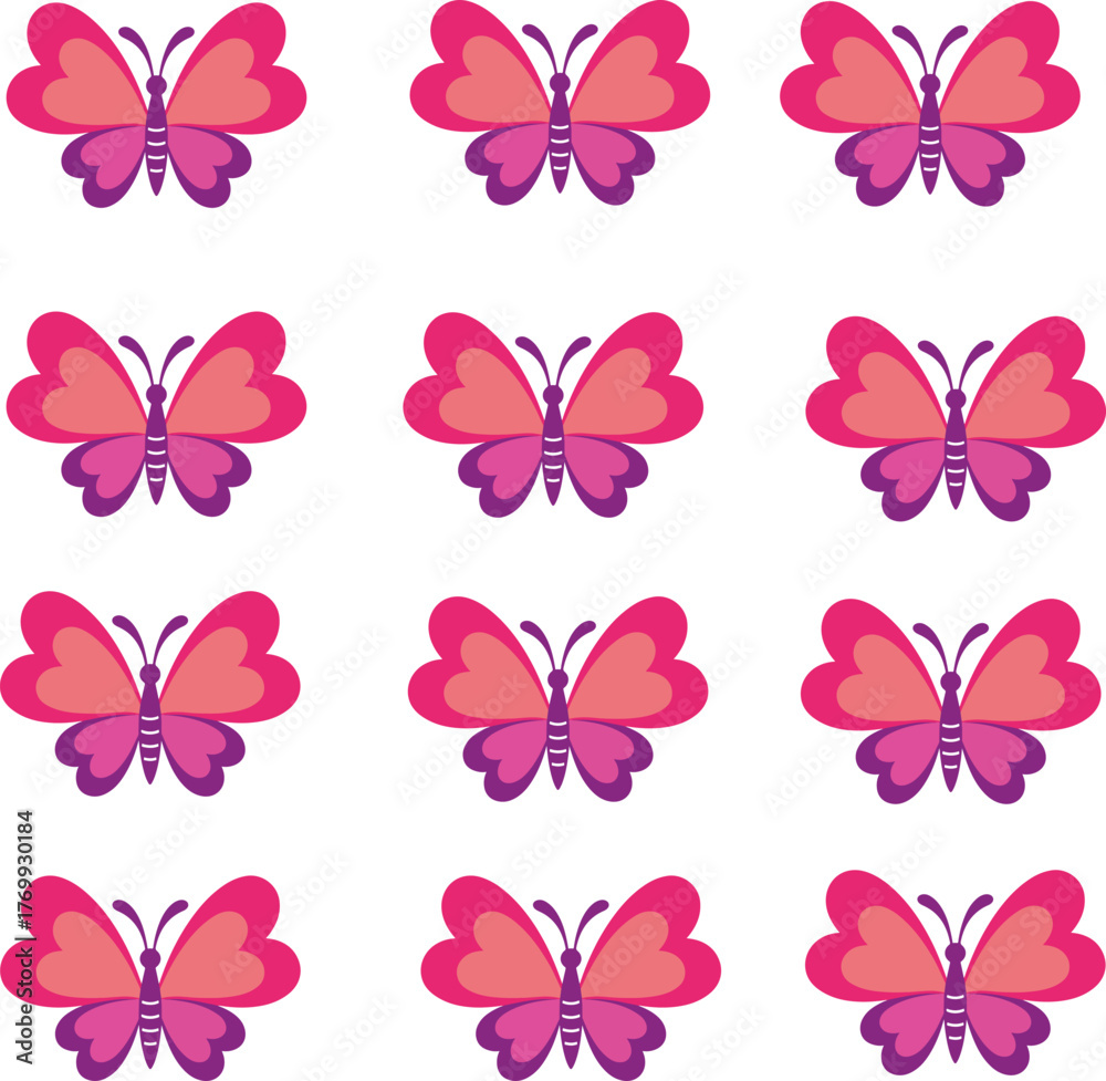 Fototapeta premium Vector graphic of numerous vibrant pink and purple butterflies arranged in a grid pattern