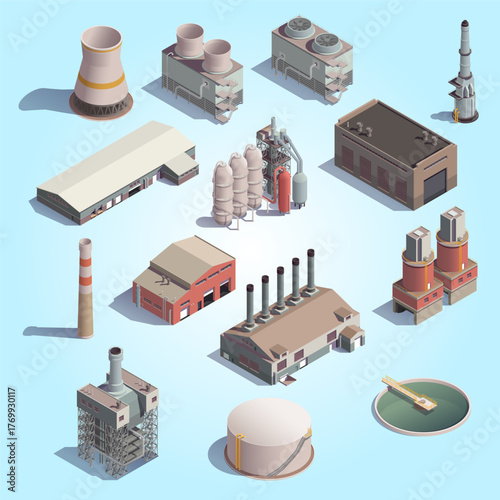 Isometric Industrial Plants and Factories Illustration for Manufacturing and Energy Production