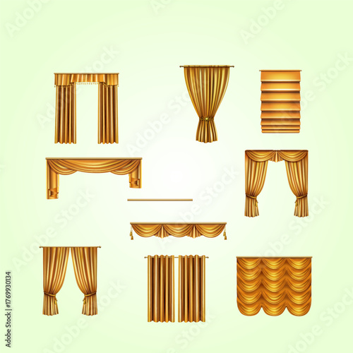 Realistic Golden Curtains Set Various Styles Home Decoration Element