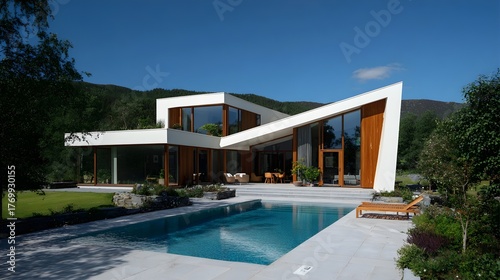 Fototapeta Naklejka Na Ścianę i Meble -  Modern Small House with Pool Minimalist Alabaster Organic Modern Norwegian Style Sunny Weather Vibrant Views Crisp Details Radiant Lighting Elegant Design Luxurious Ambiance (AI-Generated)