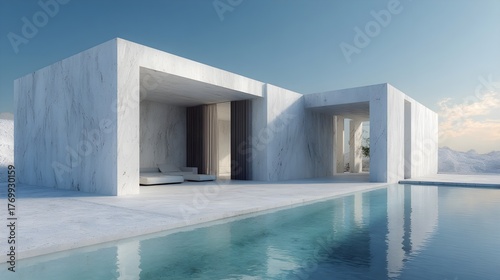 Fototapeta Naklejka Na Ścianę i Meble -  Modern Small House with Pool Minimalist Alabaster Organic Modern Norwegian Style Sunny Weather Vibrant Views Crisp Details Radiant Lighting Elegant Design Luxurious Ambiance (AI-Generated)
