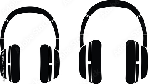 Black silhouette headphones, audio equipment, music listening, sound technology, over ear design, stereo headset, modern gadget, minimal illustration, isolated vector, comparison