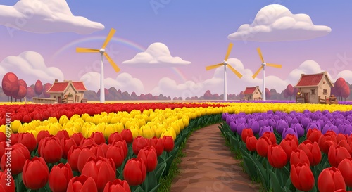 Cartoon Tulip Field with Windmills and Rainbow
