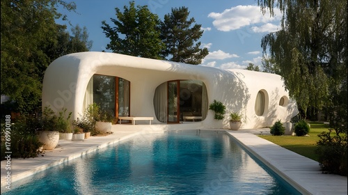 Fototapeta Naklejka Na Ścianę i Meble -  Modern Small House with Pool Minimalist Alabaster Organic Modern Norwegian Style Sunny Weather Vibrant Views Crisp Details Radiant Lighting Elegant Design Luxurious Ambiance (AI-Generated)