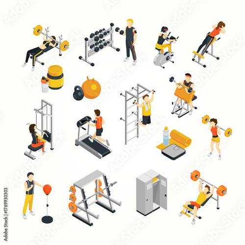 Isometric Detailed Fitness Center Equipment and People Training Illustration