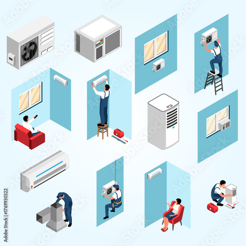 Isometric Air Conditioning System Installation and Maintenance Service with Technicians Illustration
