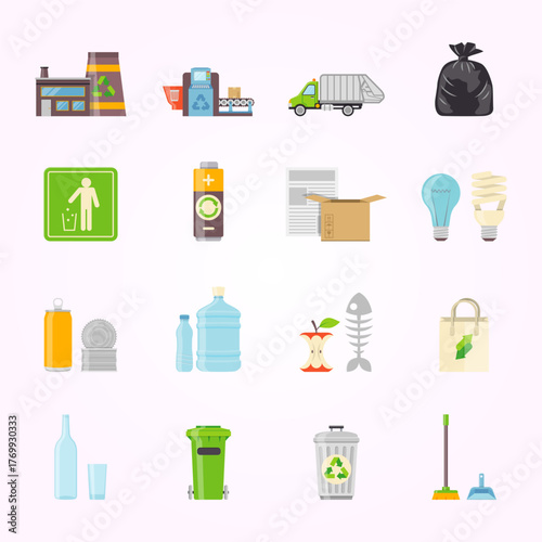 Flat Design Ecology and Environment Waste Sorting Recycling Element Icon Set
