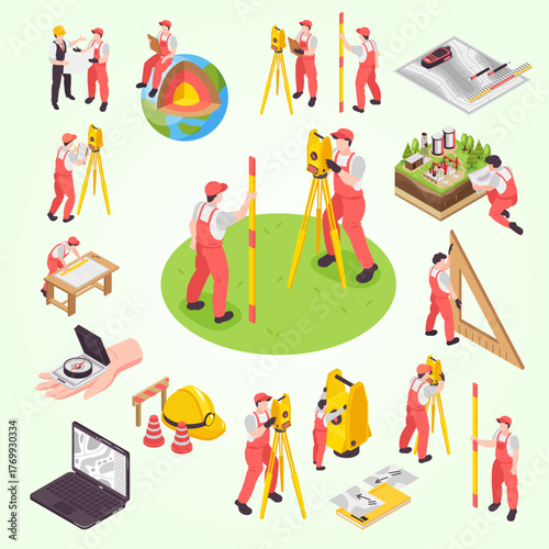 Isometric Detailed Surveying Geomatics Engineering Scene with Professional Surveyors Illustration