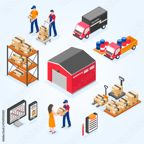 Isometric Detailed Distribution Warehouse And Delivery Service with Workers Illustration