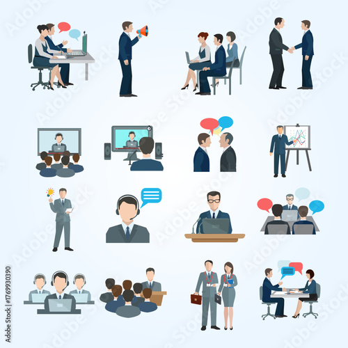 Flat Business Communication and Training Illustration with Presentation Meeting Concept
