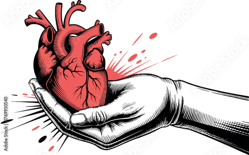 A powerful and striking illustration features a human hand gently cradling an anatomically detailed red heart, against a background of explosive red and black splashes.