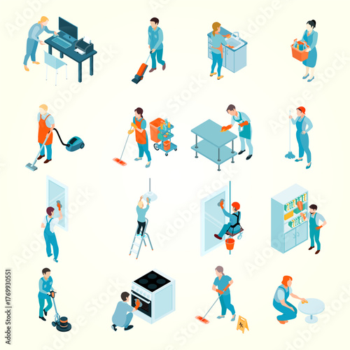 Isometric People Cleaning Different Surfaces and Appliance with Equipments Illustration