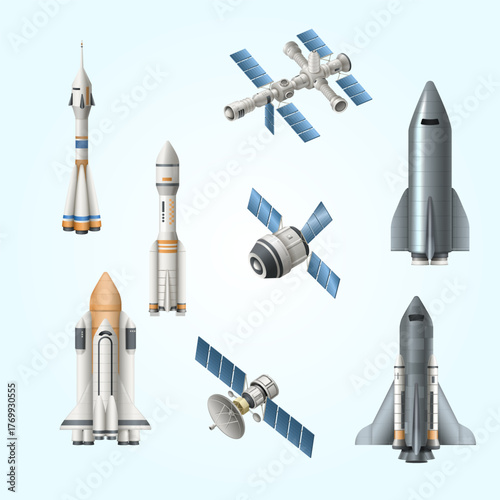 Realistic Detailed Spacecraft and Satellite Set Illustration on Light Background