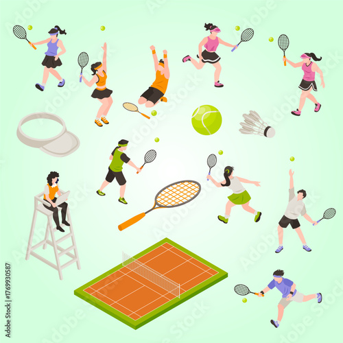 Isometric Flat Tennis Player and Equipment Collection Sporting Activity Illustration