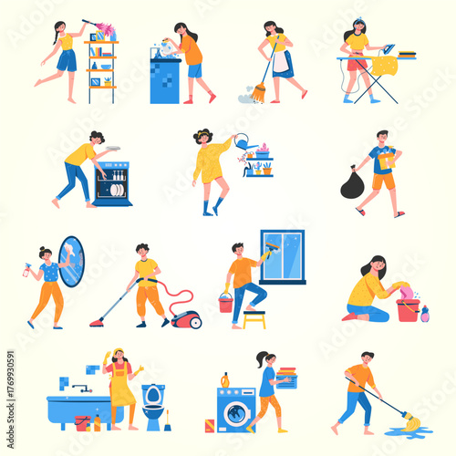 Flat Illustration Various People Doing Housework and Cleaning Activity Set