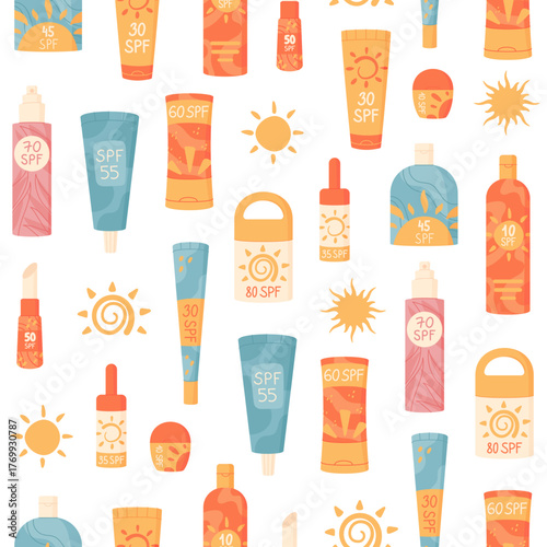 Flat seamless sunscreen bottle pattern background. Sunblock tube, spf lotion and cream bottle in cosmetic design. Sun, seamless pattern, cosmetic, background for summer product in flat style concept.