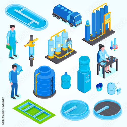Isometric Detailed Elements of Water Treatment Plant and Related Illustration