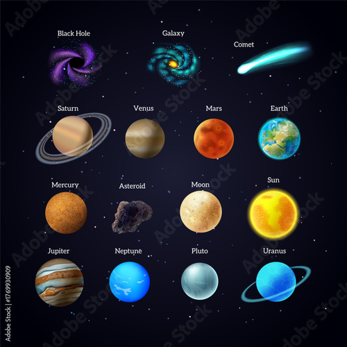 Colorful Illustration of Solar System Planets with Stars Space Elements