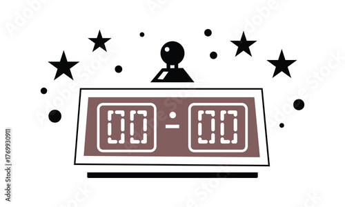 Minimalist vector graphic of a digital scoreboard displaying zero, featuring a classic joystick and celebratory stars, perfect for gaming events, competitions, or retro arcade designs