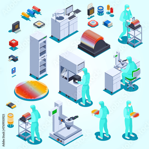 Isometric Detailed Microchip Semiconductor Manufacturing Process Equipment and Staff Illustration