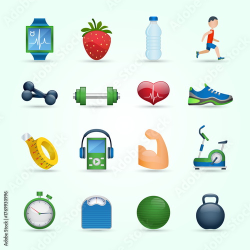 Detailed Fitness and Wellness Equipment and Food Isolated Icon Set
