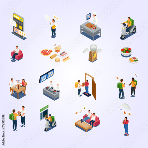 Isometric Style Food Delivery Service and Online Ordering Set Icons