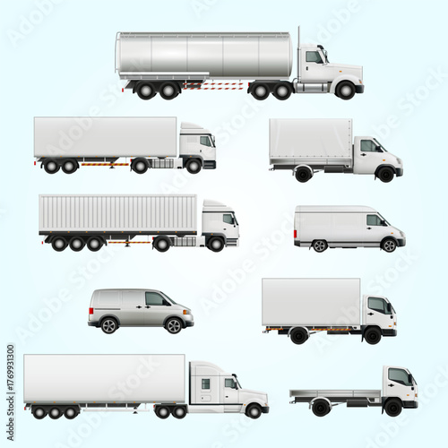 Realistic Transportation Various Vehicle Types of Truck and Van Fleet Illustration