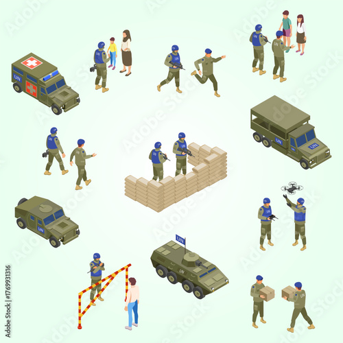 Isometric Peacekeeping Force Performing Various Tasks Military and Humanitarian Concept