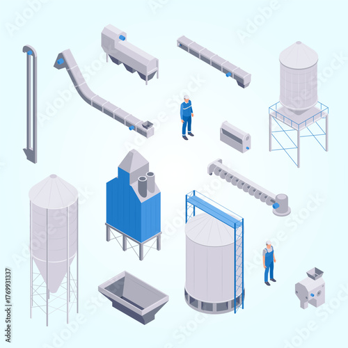 Isometric Detailed Grain Silo and Processing Machinery Plant Element Collection