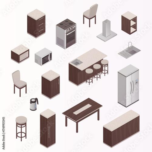 Isometric Detailed Kitchen Furniture Set Various Appliances and Fixtures Illustration