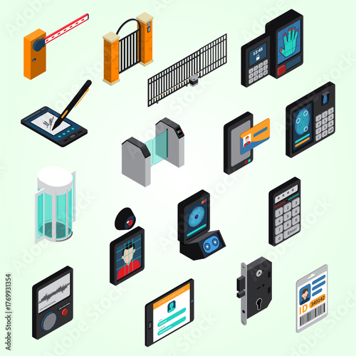 Isometric Security Access Control System Object Detailed Illustration and Design Elements
